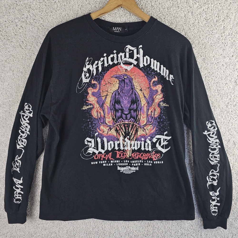 BooHoo Man Raven W/ Flames World Tour Merch Graphic Long Sleeve Shirt Mens Large